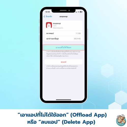 ตัวเลือก “เอาแอปที่ไม่ได้ใช้ออก” (Offload App) หรือ “ลบแอป” (Delete App) ขึ้นมา 