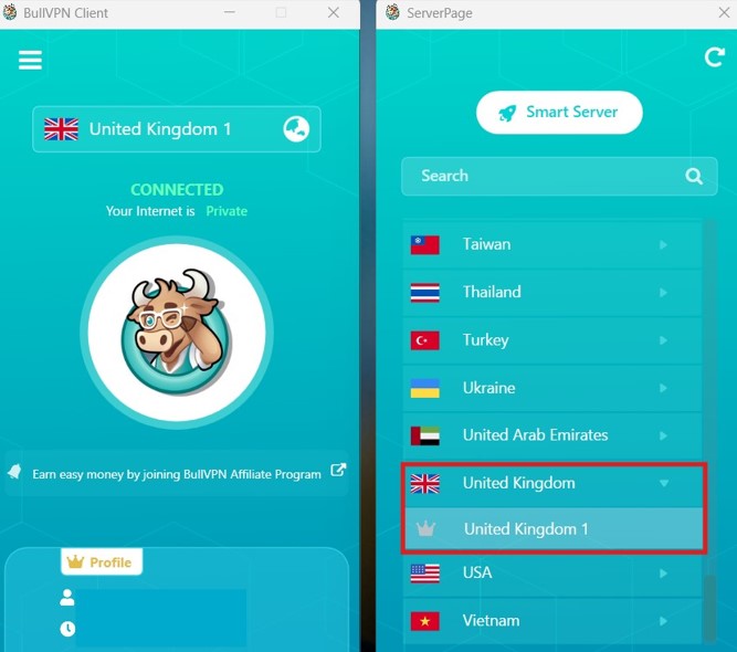 Connect to BullVPN Server United Kingdom